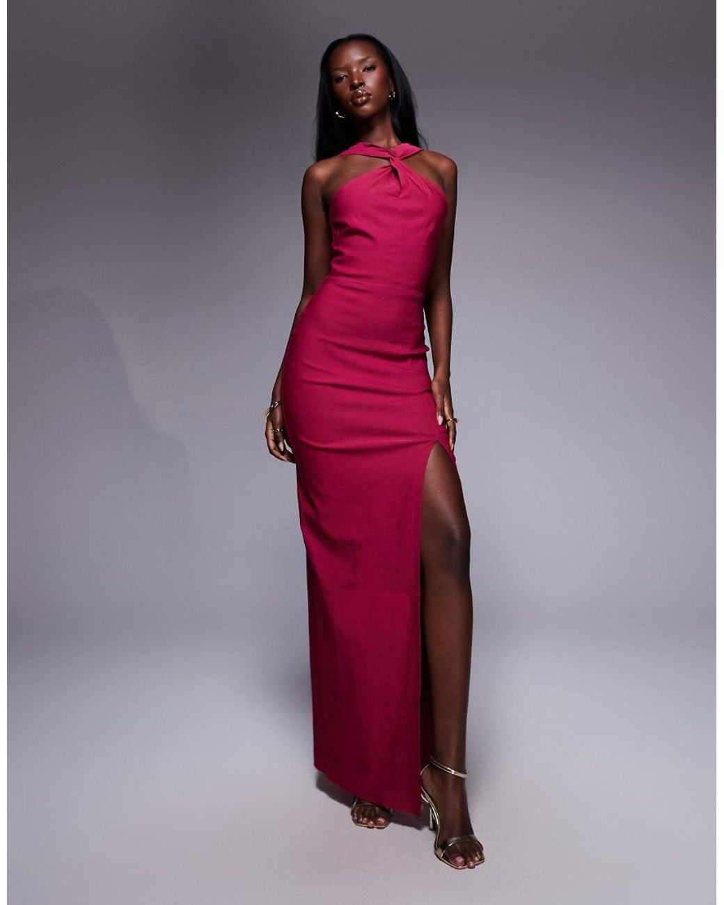 Vesper Pink Halterneck Twist Neck Maxi Dress With Side Split