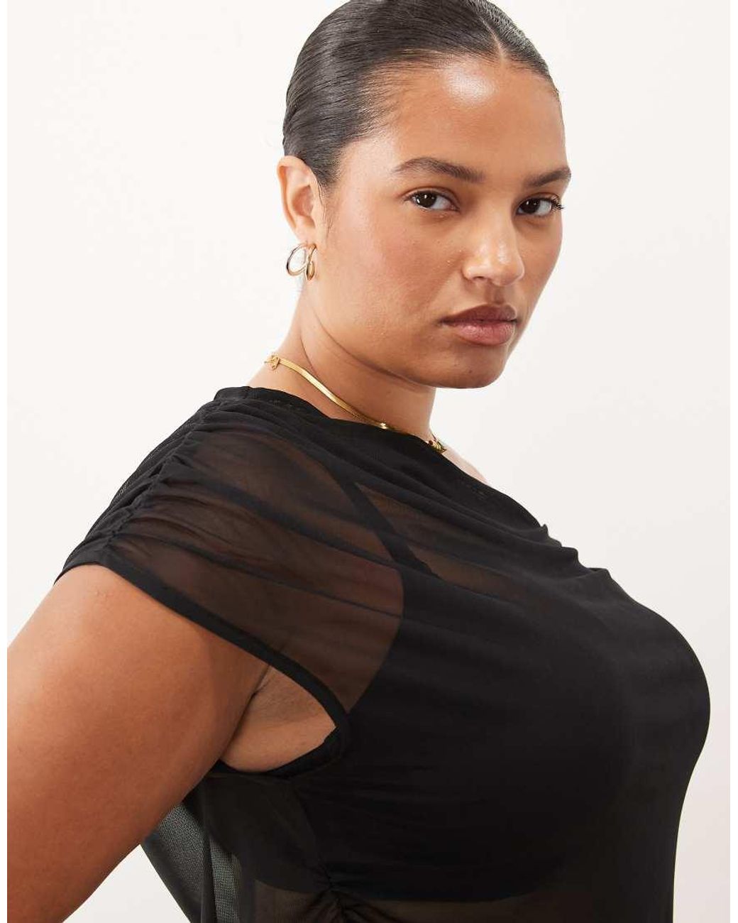 ASOS Black Asos Design Curve Sheer Mesh Ruched One Shoulder Asymmetric Top