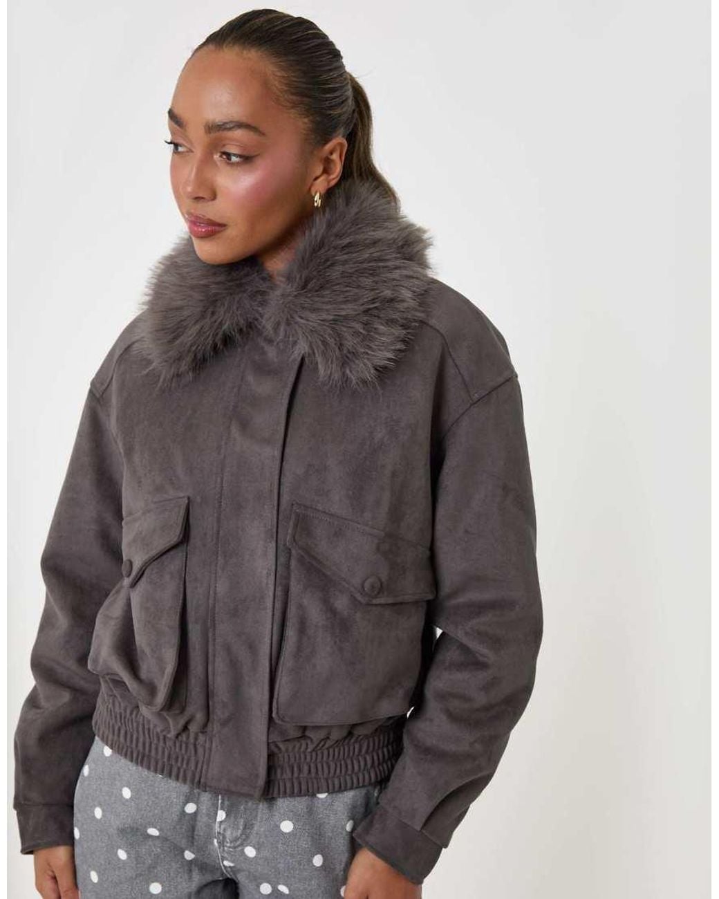 Threadbare Gray Faux Suede Fur Collared Jacket