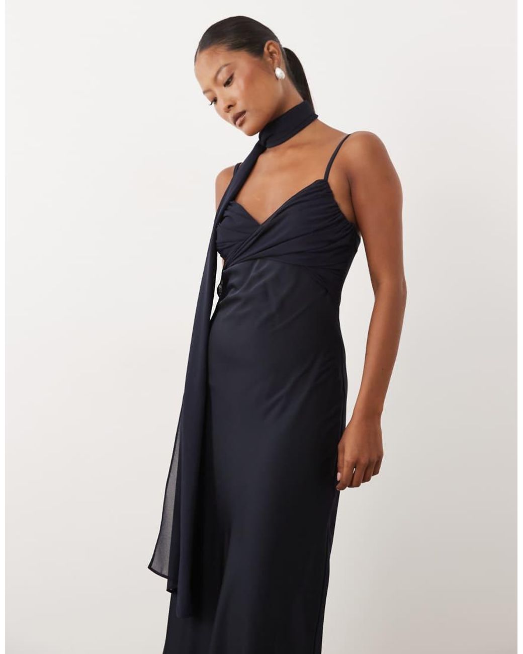 TFNC London Blue Satin Bust Chiffon Scarf Detail Cami Maxi Dress