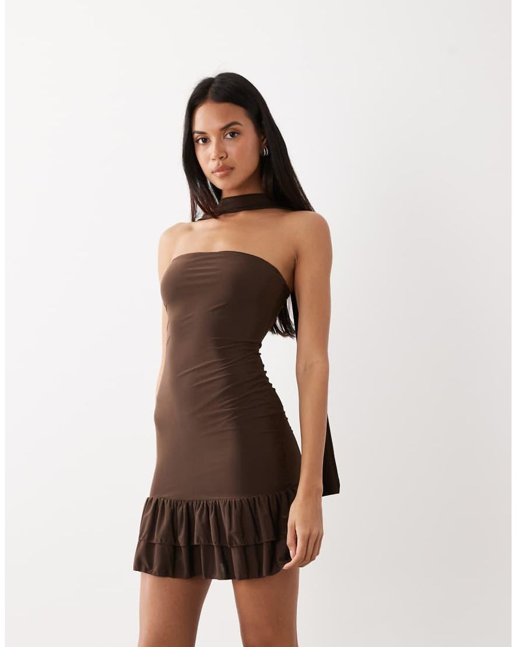Kaiia Brown Exclusive Double Layered Slinky Scarf Detail Bandeau Ruffle Hem Mini Dress