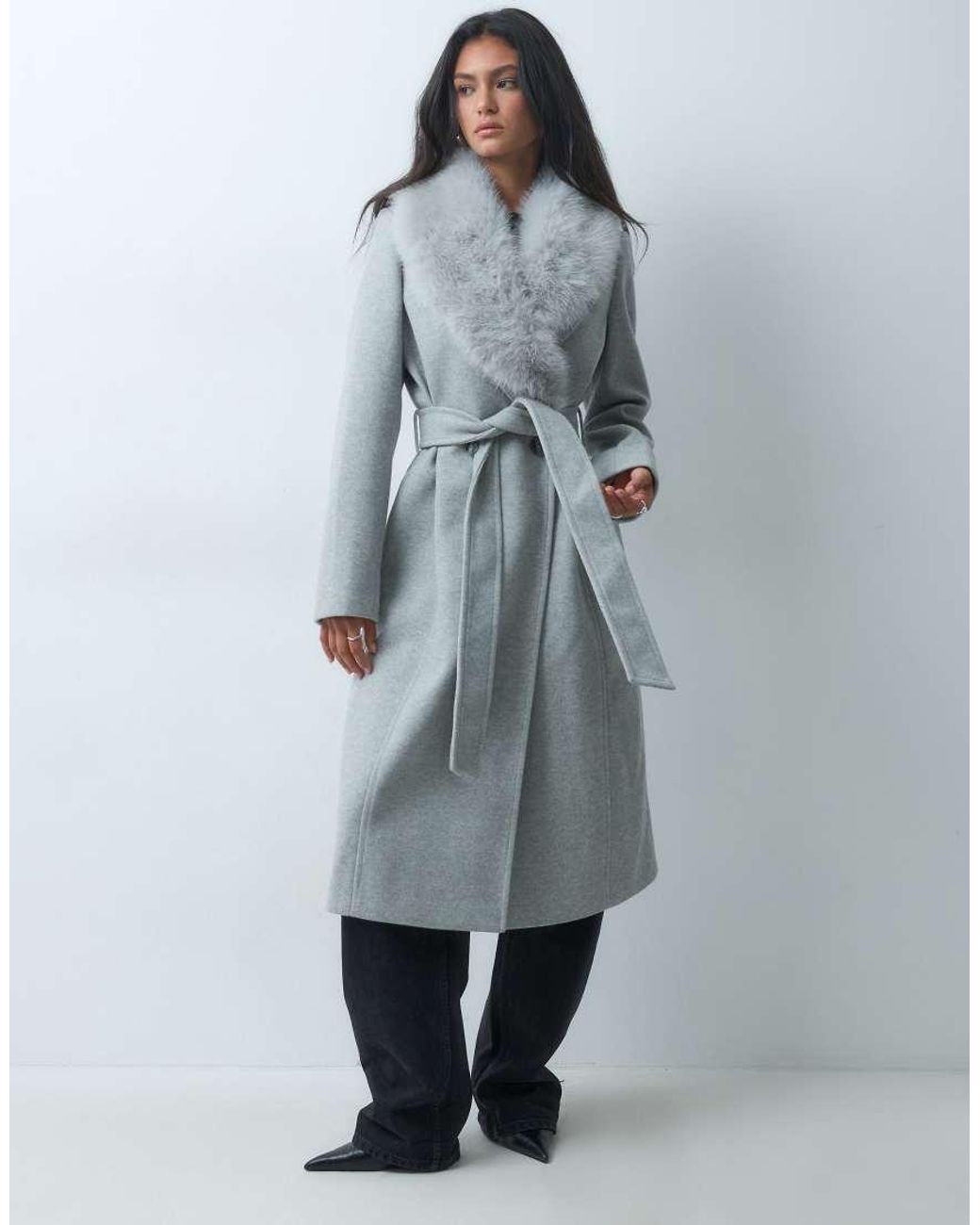 Forever New Blue Formal Belted Detachable Faux Fur Collar Longline Coat