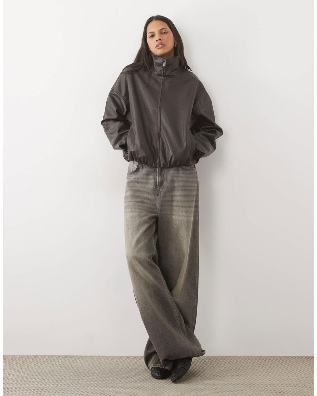 Object Gray Leather Look Funnel Neck Jacket