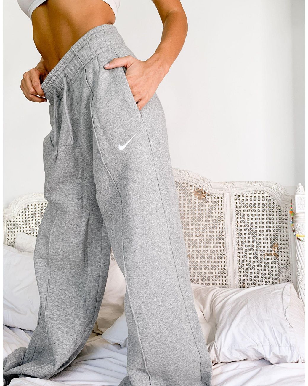 Nike Mini Swoosh High Waisted Wide Leg Sweatpants in Gray