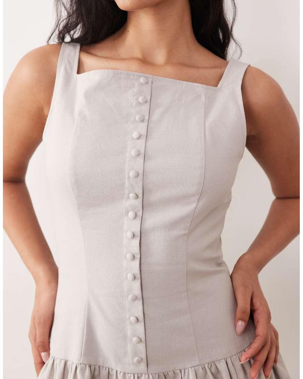 Kaiia Gray Exclusive Linen Blend Square Neckline Button Detail Mini Dress