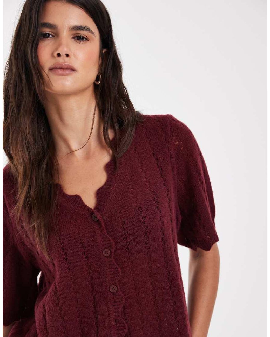 Pieces Red Frill Trim Short Sleeve Knitted Cardigan