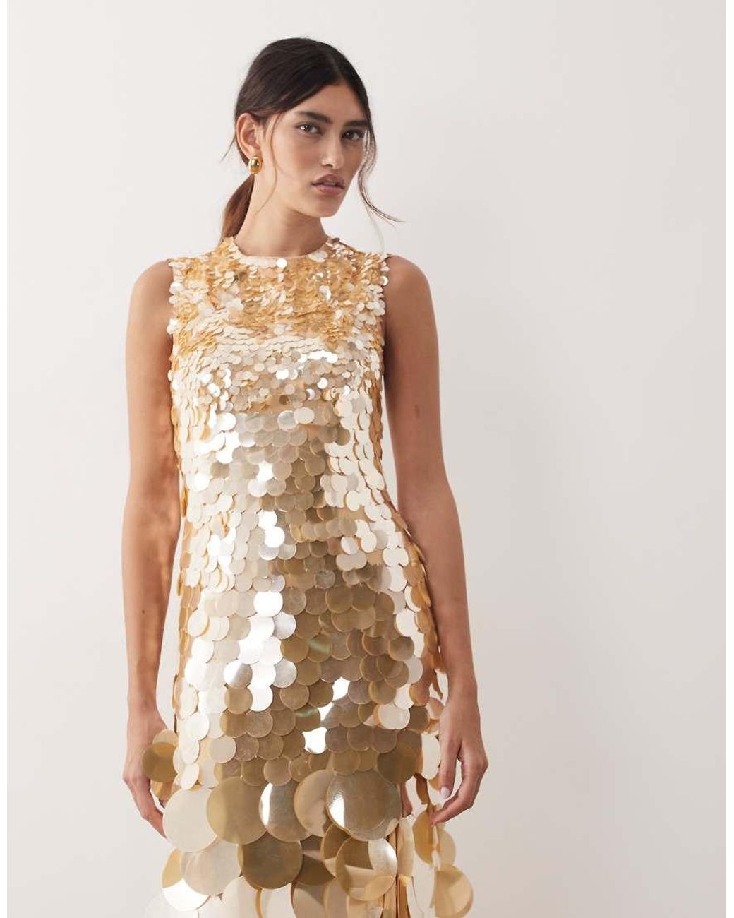 ARRANGE Natural Embellished Sequin High Neck Maxi Dress