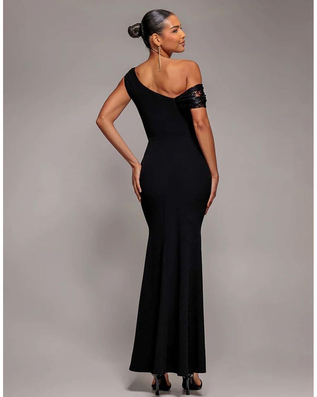 Goddiva Gray Lace Cowl One Shoulder Sculpting Stretch Jersey Crepe Maxi Dress