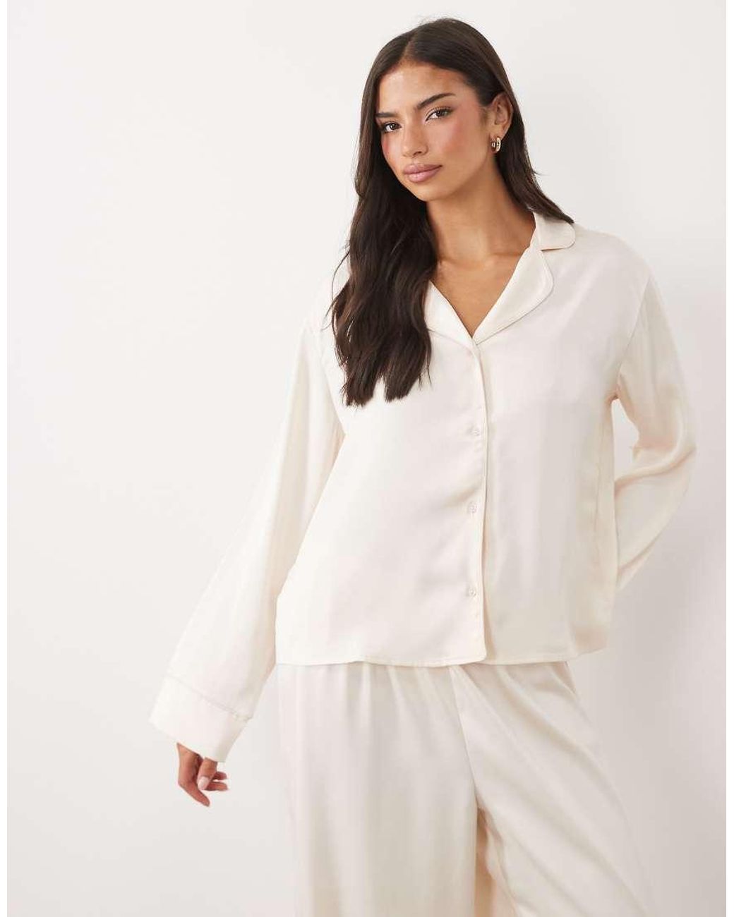 ASOS Natural Satin Pyjama Shirt And Trouser Set