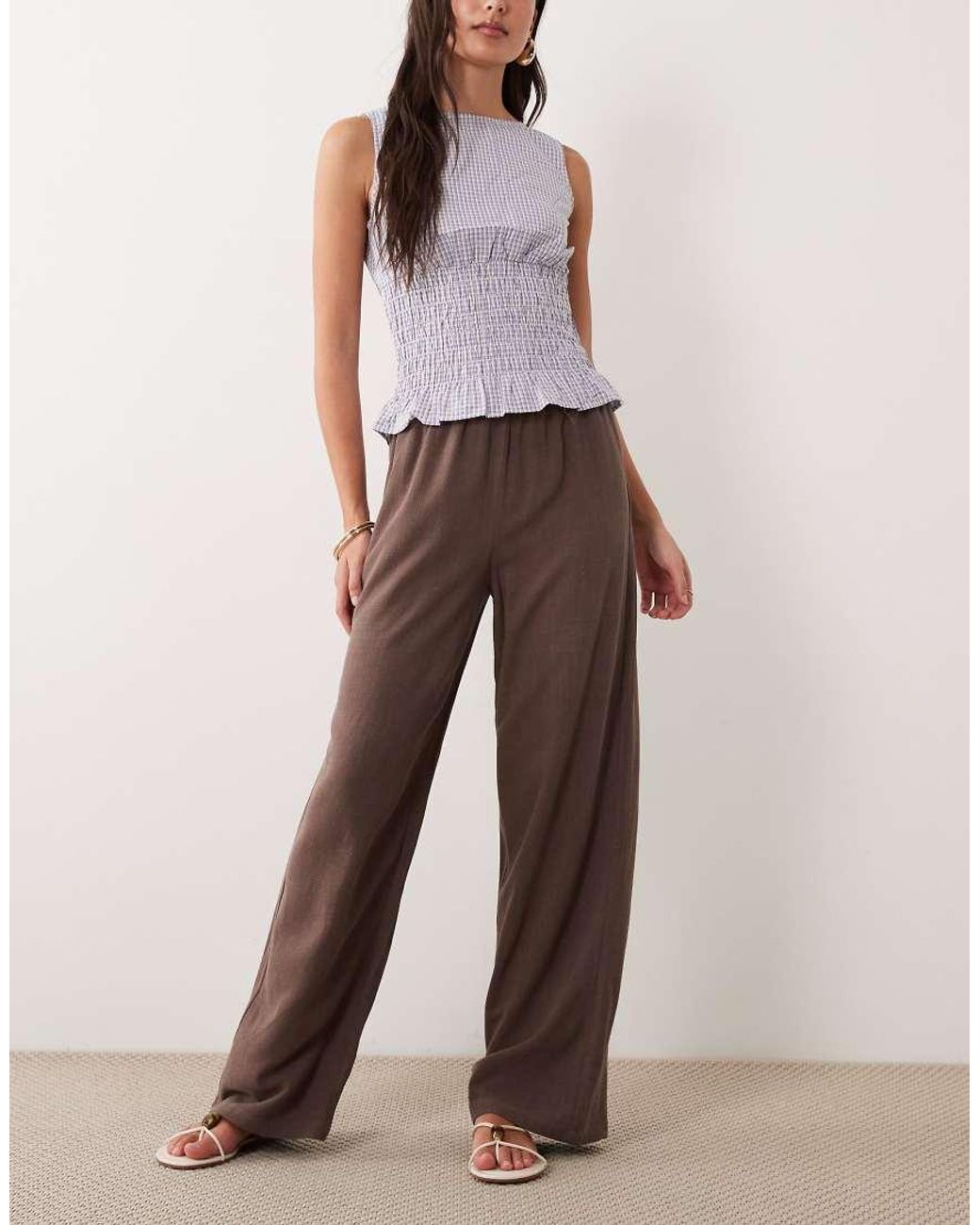 The Frolic Brown Exclusive Linen Blend Drawstring Waist Wide Leg Trousers