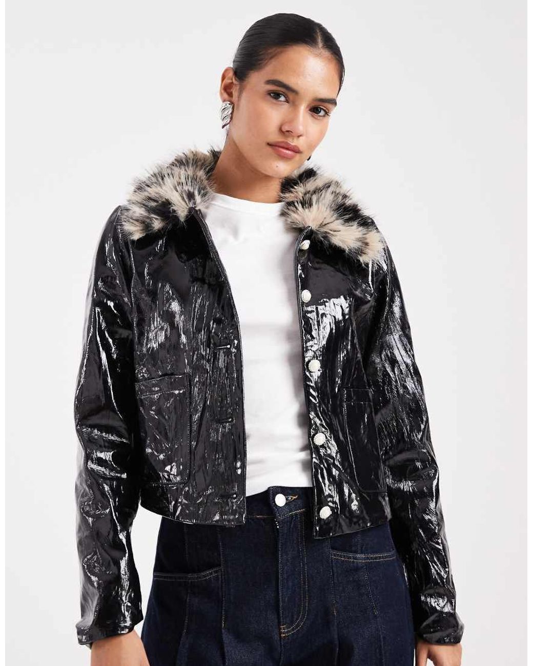 Sister Jane Black Crinkle Pu Jacket With Leopard Faux Fur Collar