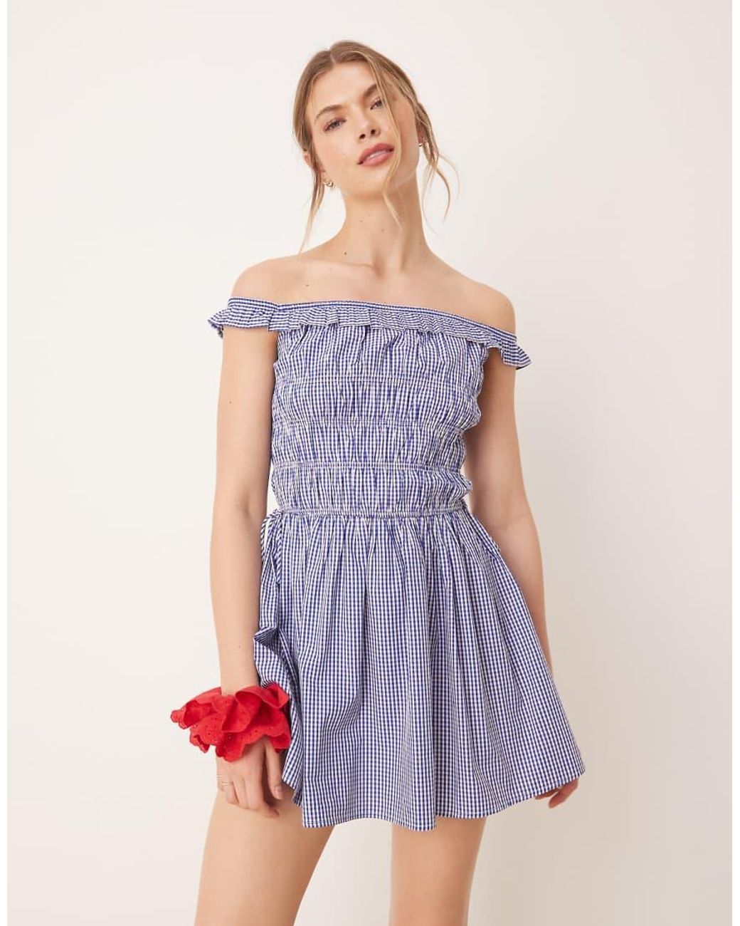 Glamorous Blue Shirred Off Shoulder Mini Dress