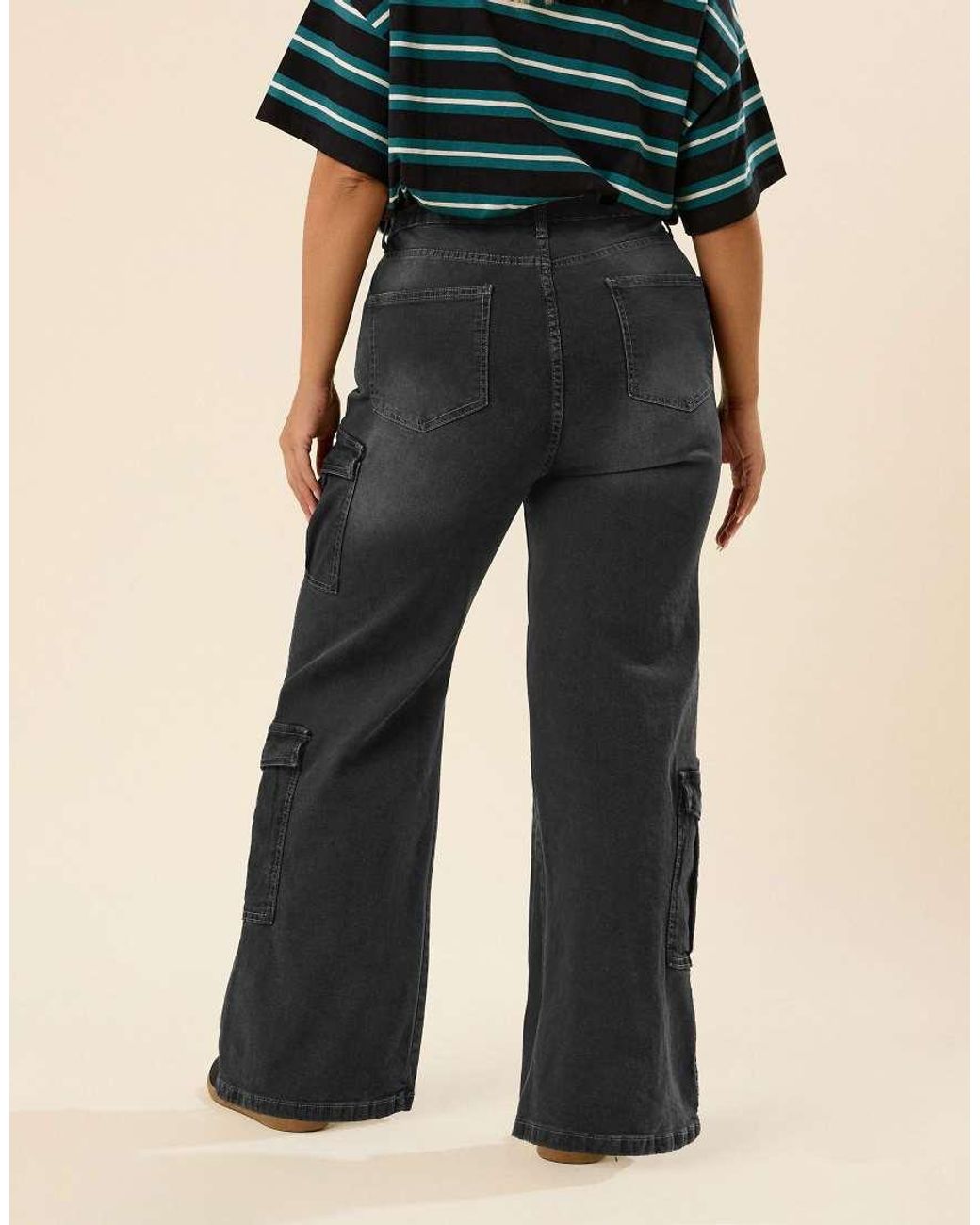 Yours Clothing Blue Washed Effect Cargo Jeans