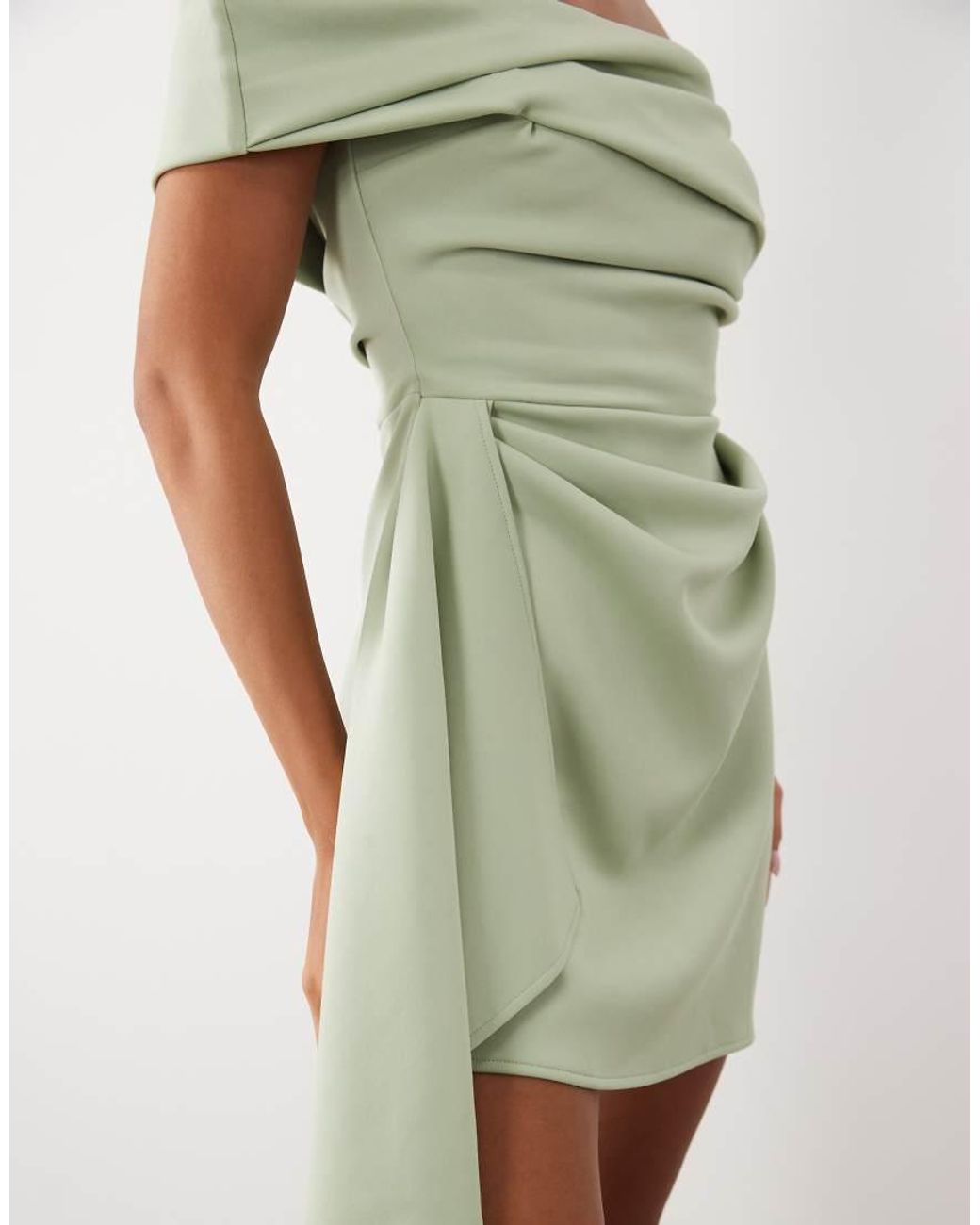 ASOS Green Drape Bardot Mini Dress With Asymmetric Skirt