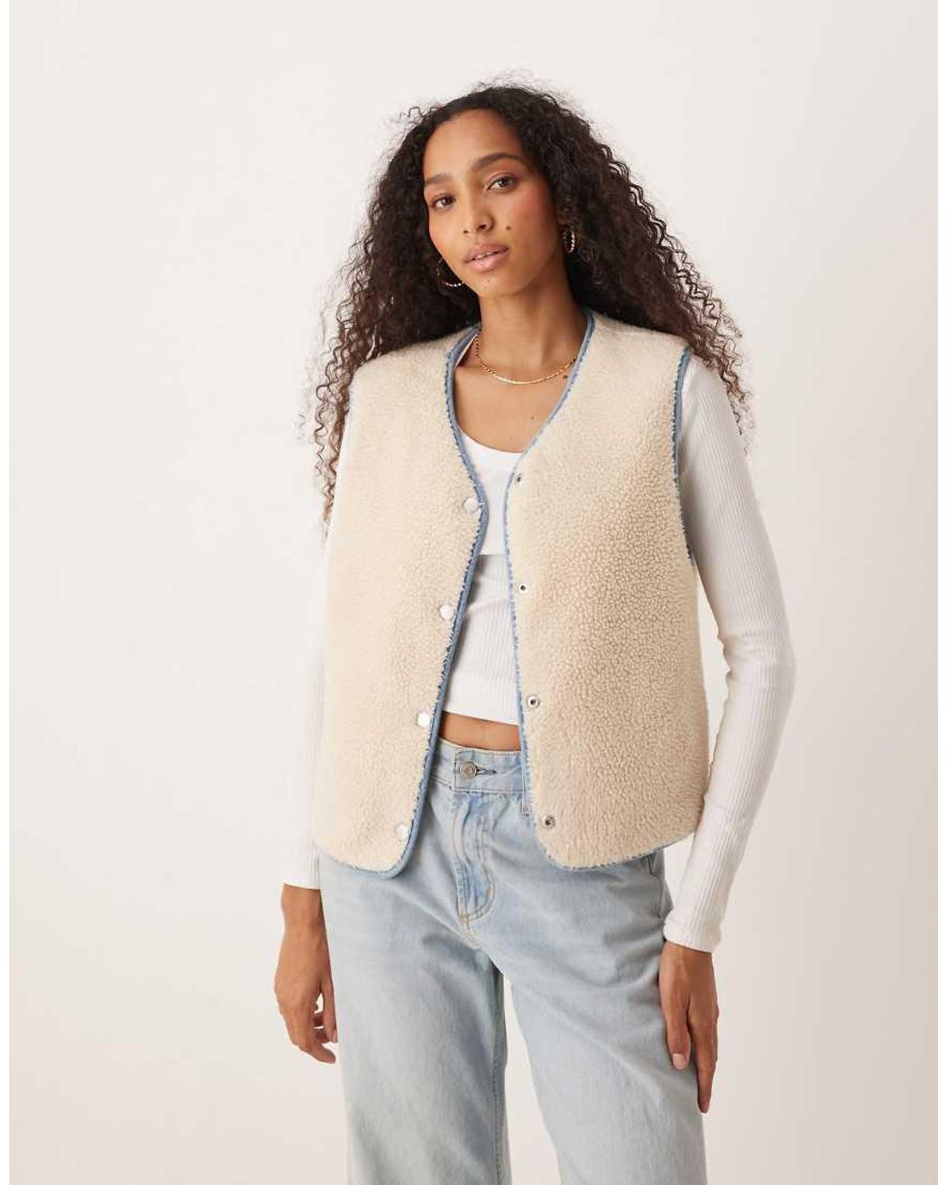 Roxy Blue Simply Lucky Reversible Waistcoat Sherpa Lined Denim Jacket