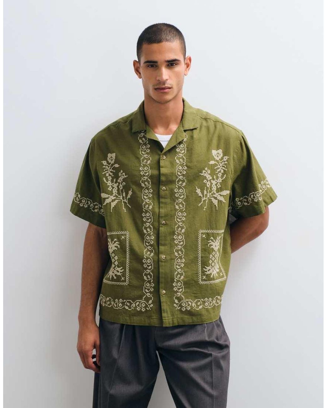 ASOS Green Oversized Shirt With Linen And Cross Stitch Embroidery for men