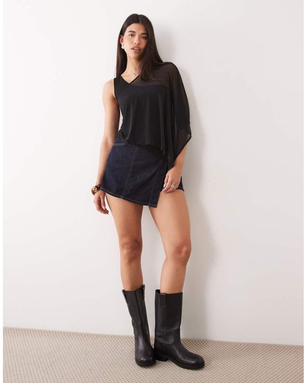 Motel Black Siera Cupro And Mesh Overlay Aysmm Top