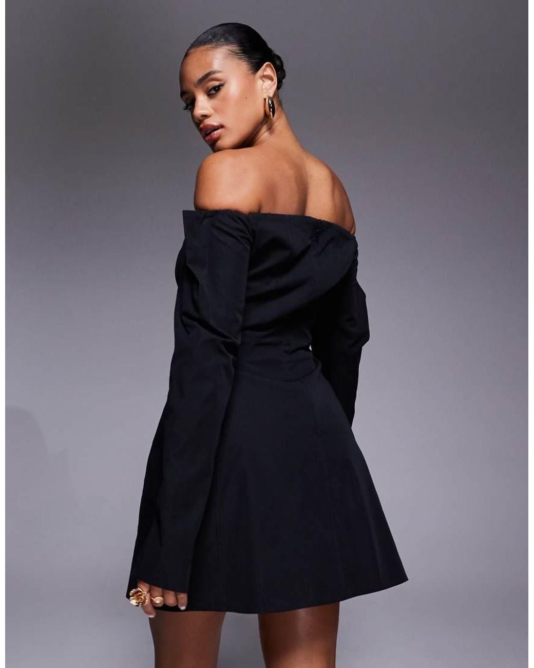 ASOS Blue Structured Long Sleeve Bardot Mini Dress With Seam Detailing