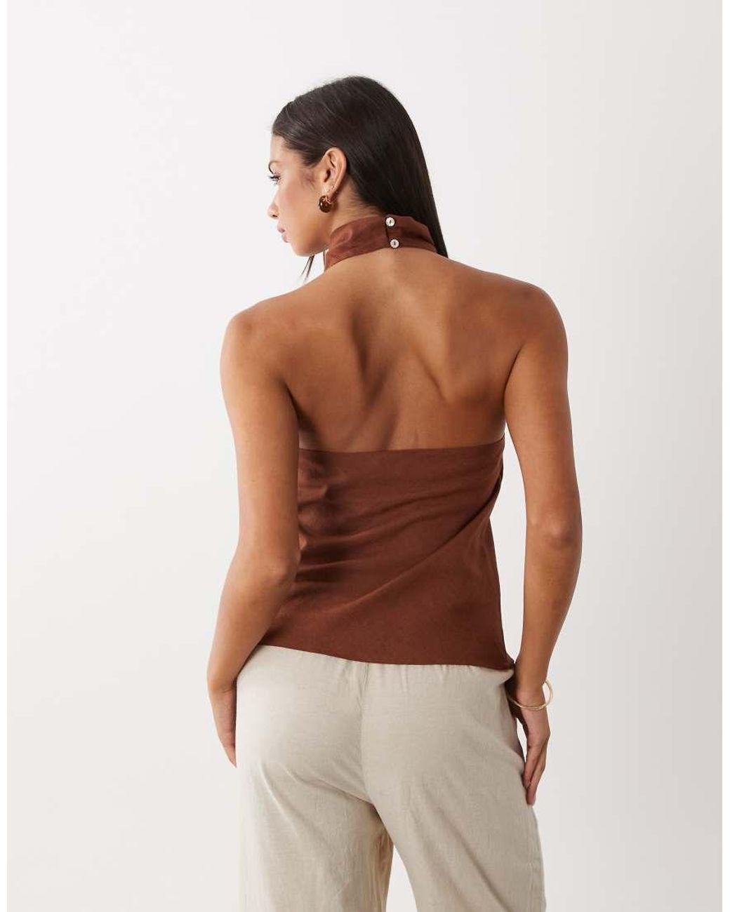 ASOS Brown Linen Blend Drapey Halter Neck Top