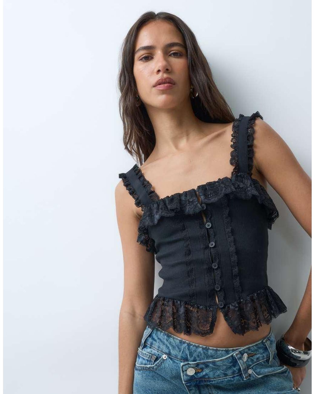 Miss Selfridge Blue Button Through Cinched Corset Top With Lace