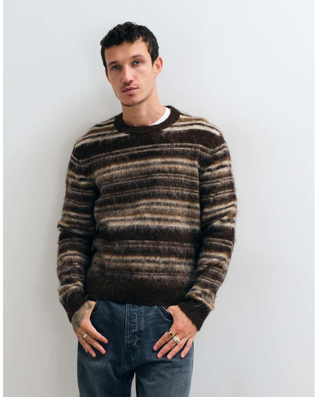 Only & Sons Brown Relaxed Fit Crew Neck Fluffy Knit Sweater for men