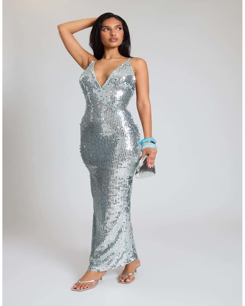 Missy Empire Blue Sequin Plunge Low Back Maxi Dress