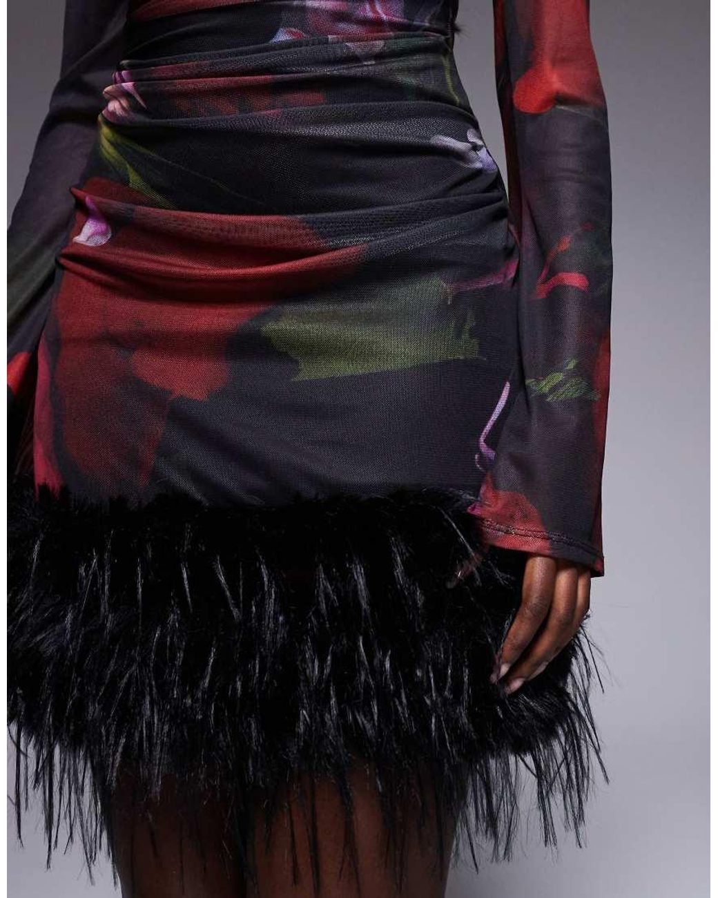 ASOS Multicolor Long Sleeve With Square Neck Mesh Mini Dress With Fur Trim Skirt