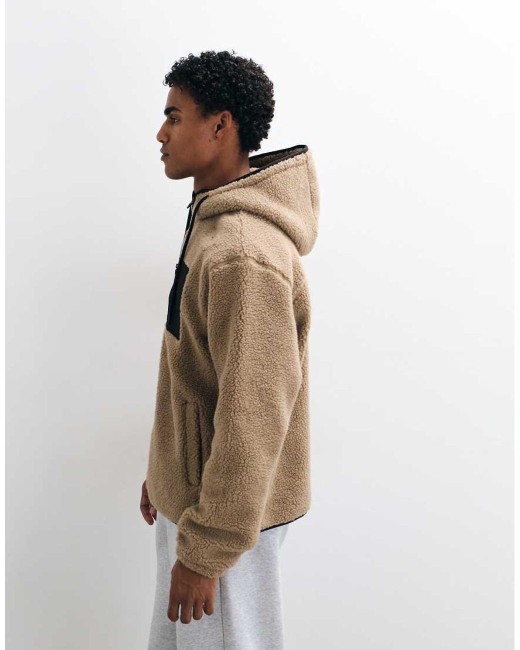 ASOS Natural Relaxed Borg Quarter Zip Hoodie With Nylon Pockets for men