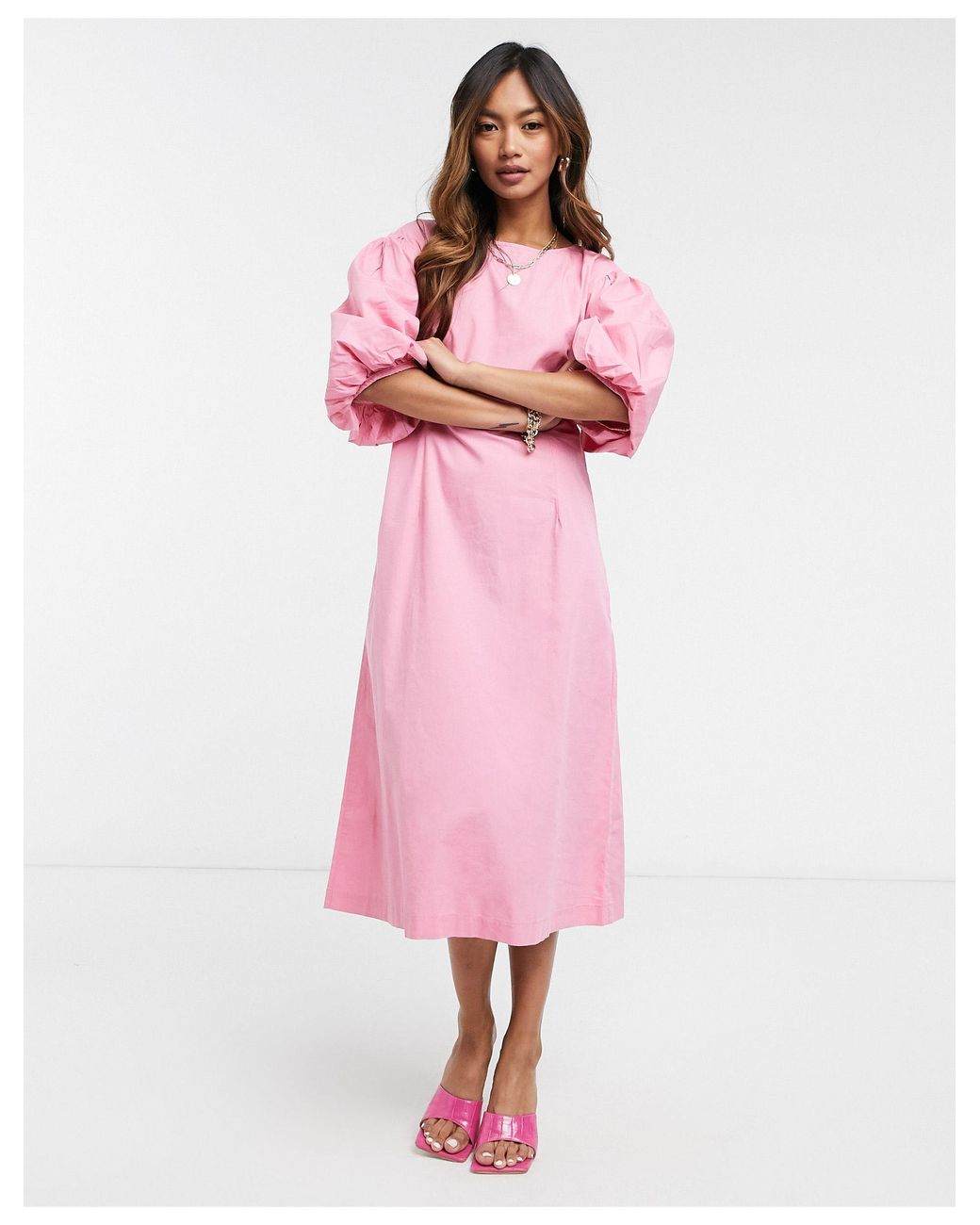 Vero Moda Poplin Midi Dress With Puff Sleeves in Pink Lyst UK