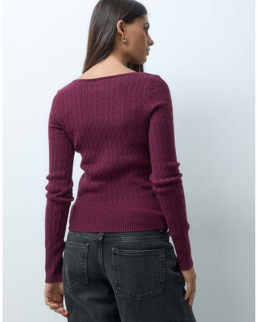 Hollister Purple Fitted Cable Knit Slash Neck Jumper