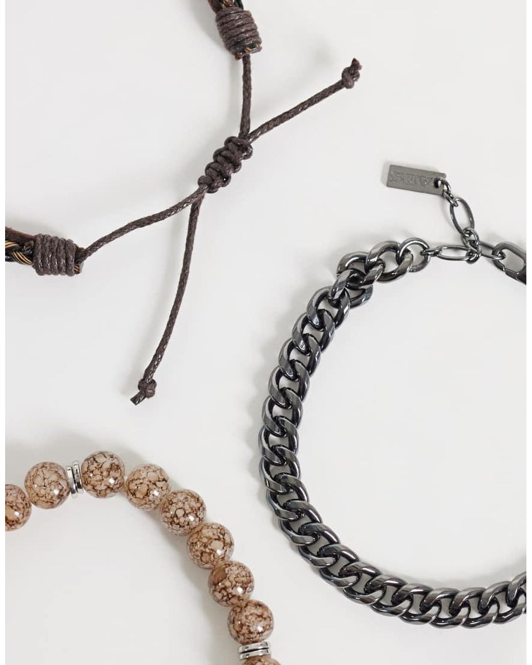 ASOS White 4 Pack Light Brown Beaded Chain And Faux Leather Strap Bracelet for men