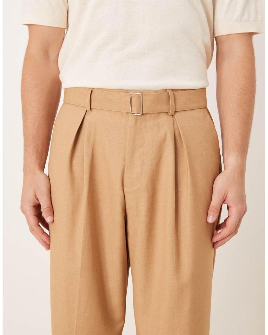 ASOS Natural Smart Wide Leg Belted Trousers With Front Pleat for men