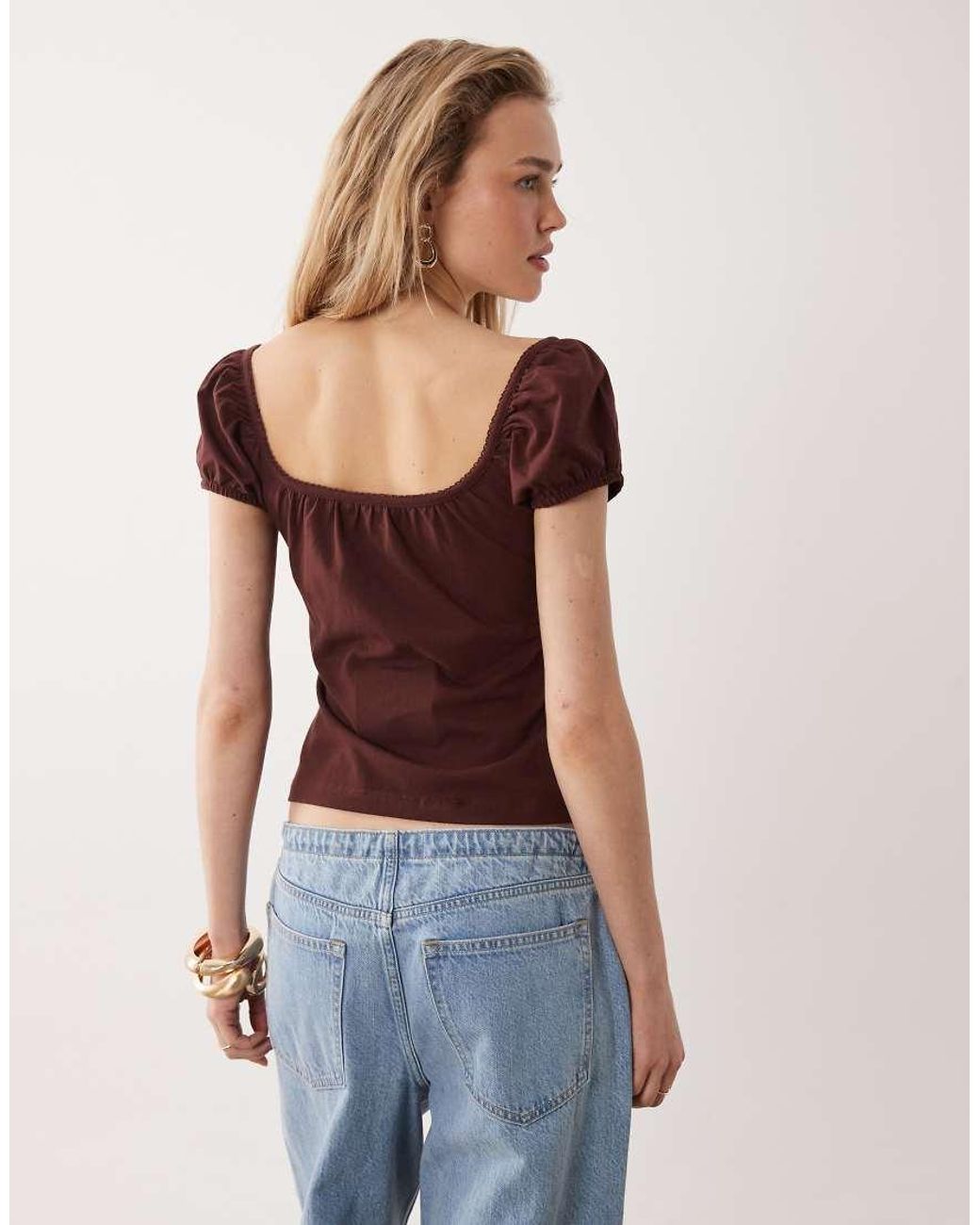 Miss Selfridge Brown Button Detail Milkmaid Top