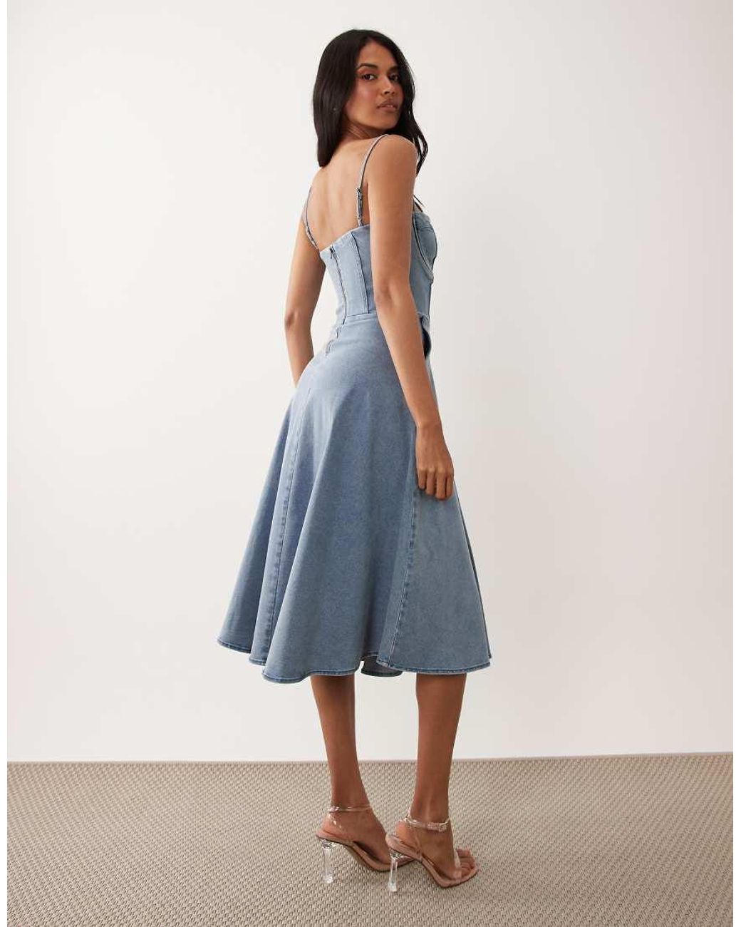 TFNC London Blue Stretch Denim Cami Cup Detail Full Skirt Midi Dress