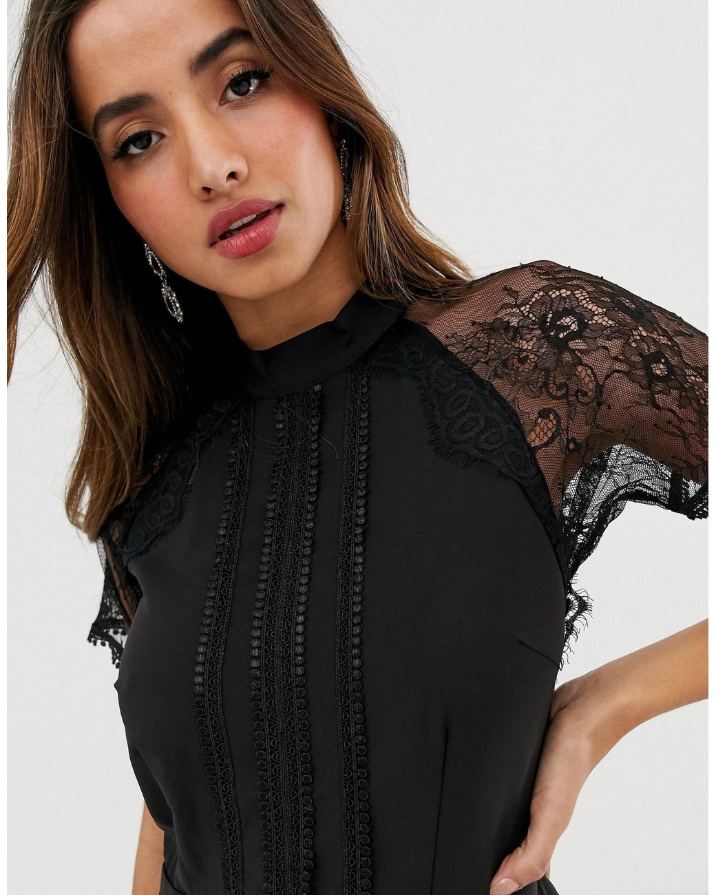 Liquorish A Line Lace Detail Midi Dress in Black | Lyst