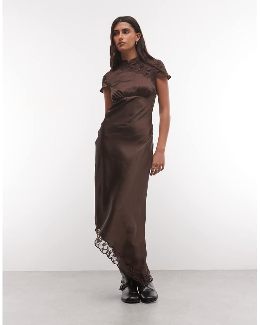 Reclaimed Vintage Brown Mandarin Collar Maxi With Asymmetric Hem