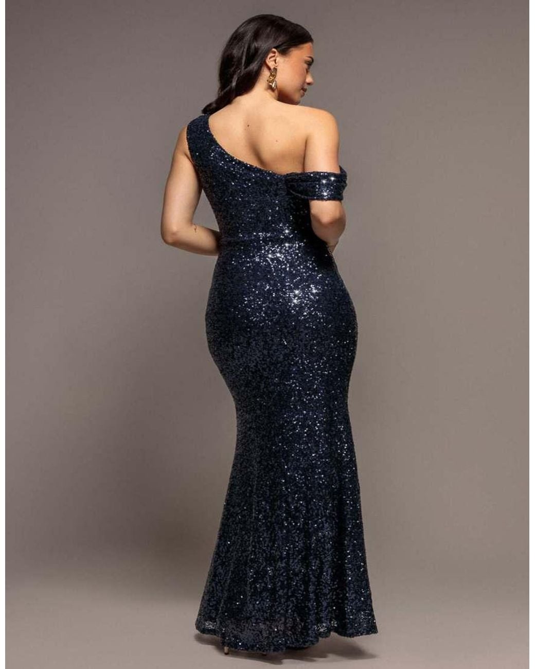 Goddiva Blue Sequin Cowl One Shoulder Maxi Dress