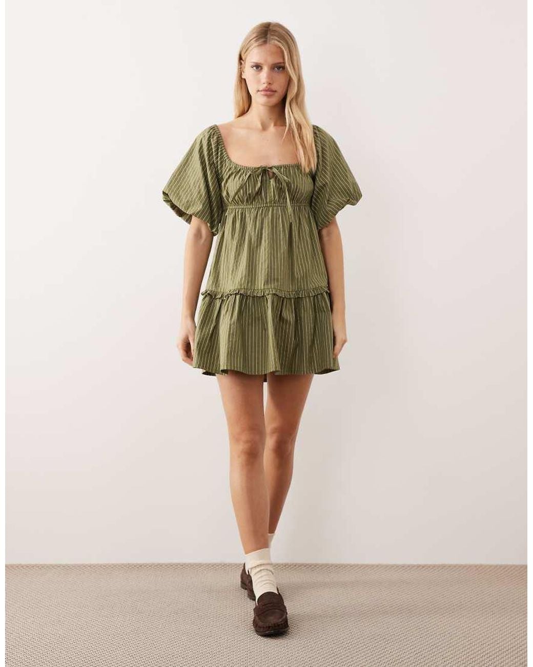 Wednesday's Girl Green Striped Mini Smock Dress