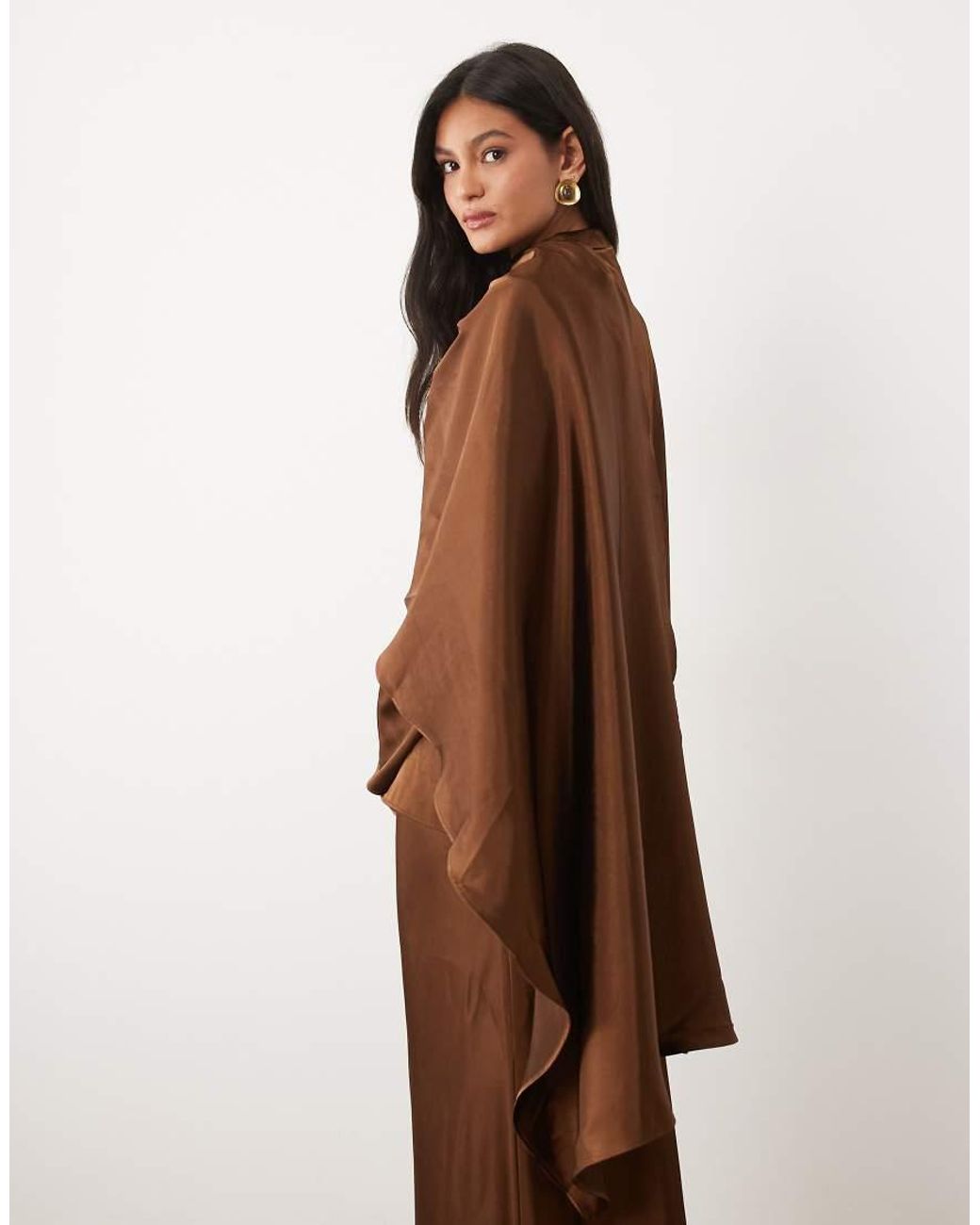 JW PEI Brown Exclusive Satin Asymmetric Draped Cape Detail High Neck Top Co-ord