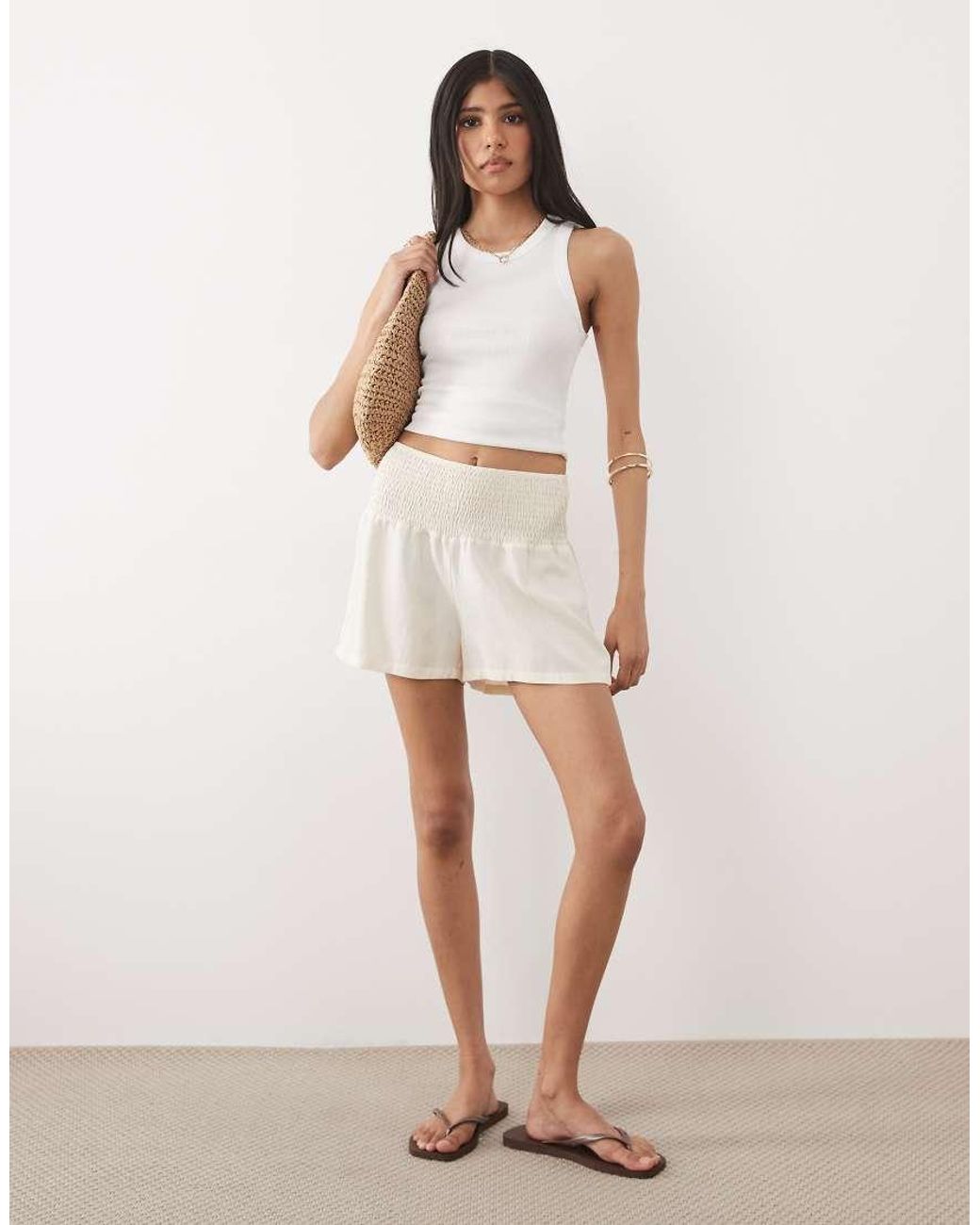 ASOS White Linen Blend Shirred Waist Short