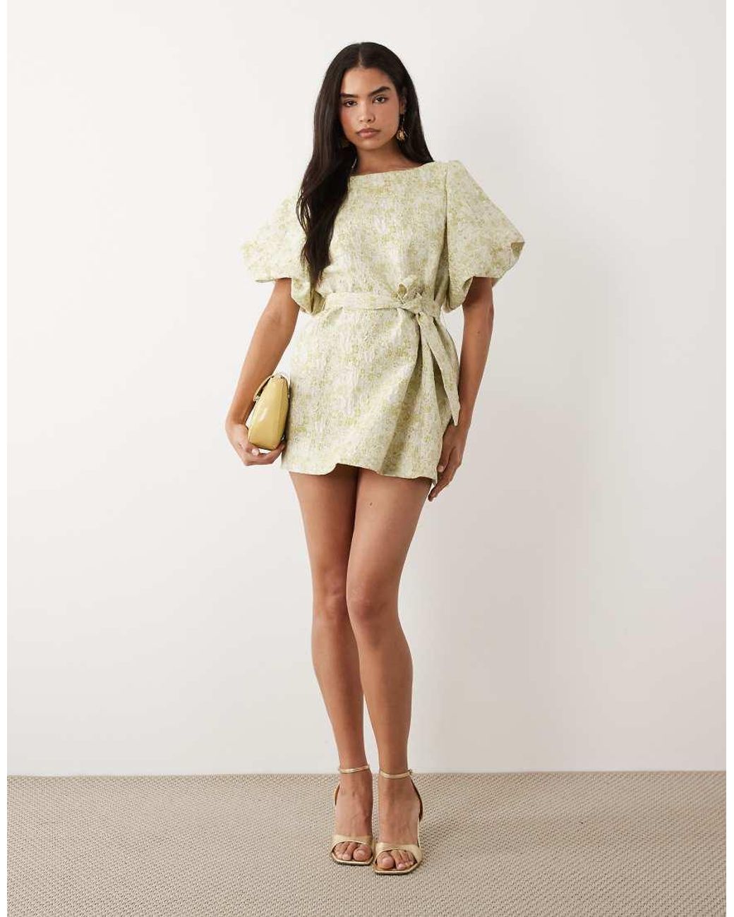 Vila Natural Short Sleeve Tapestry Floral Jacquard Mini Dress