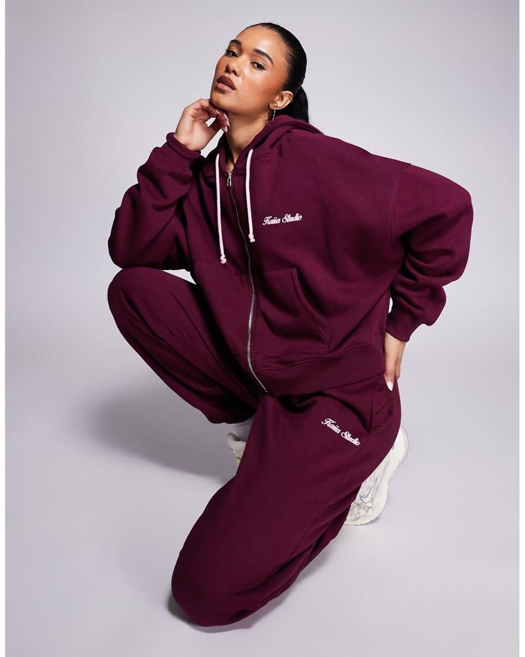 Kaiia Purple Cotton Rich Studio Cherry Back Graphic Oversized Zip Up Hoodie Co-ord