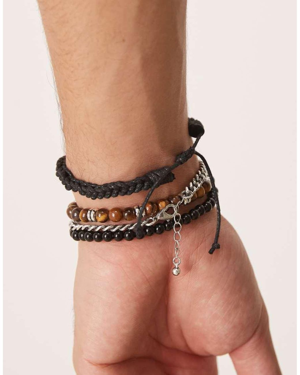 ASOS Set Van 4 Kralenarmbanden Met Halfedelstenen Tijgeroog En Obsidiaan in het Natural voor heren