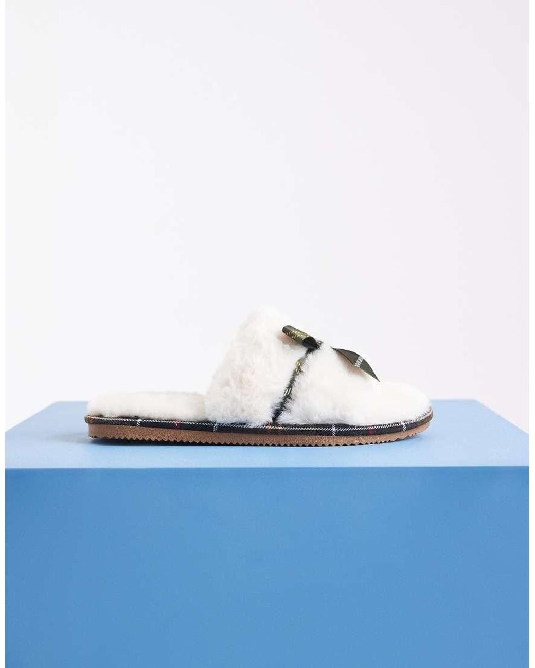 Barbour Blue Eleanora Tartan Bow Fluffy Slippers