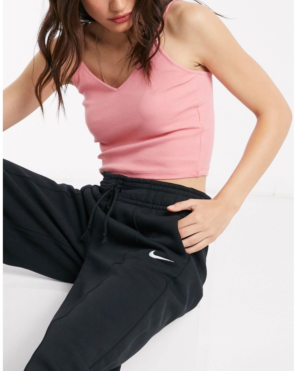 nike mini swoosh high waisted wide leg joggers in red