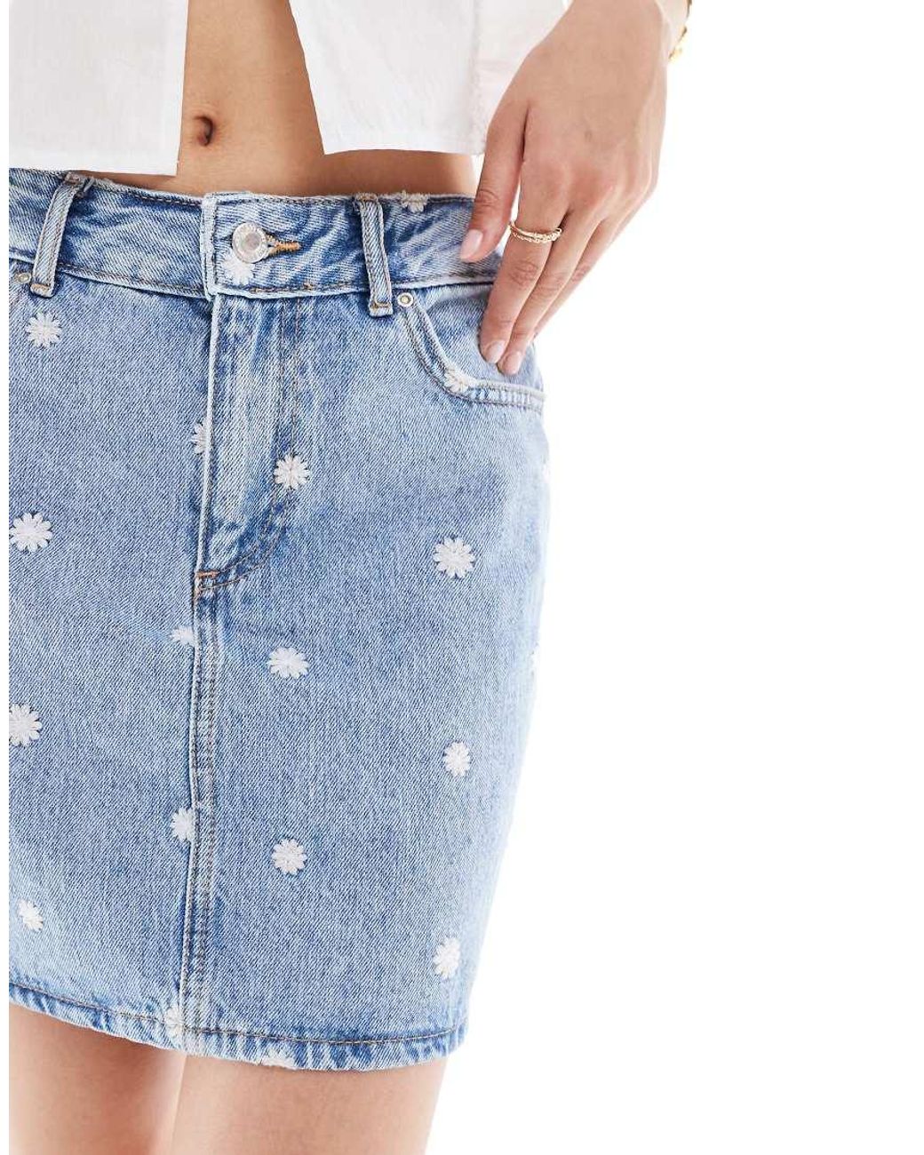 ONLY Blue Daisy Embroidery Denim Mini Skirt
