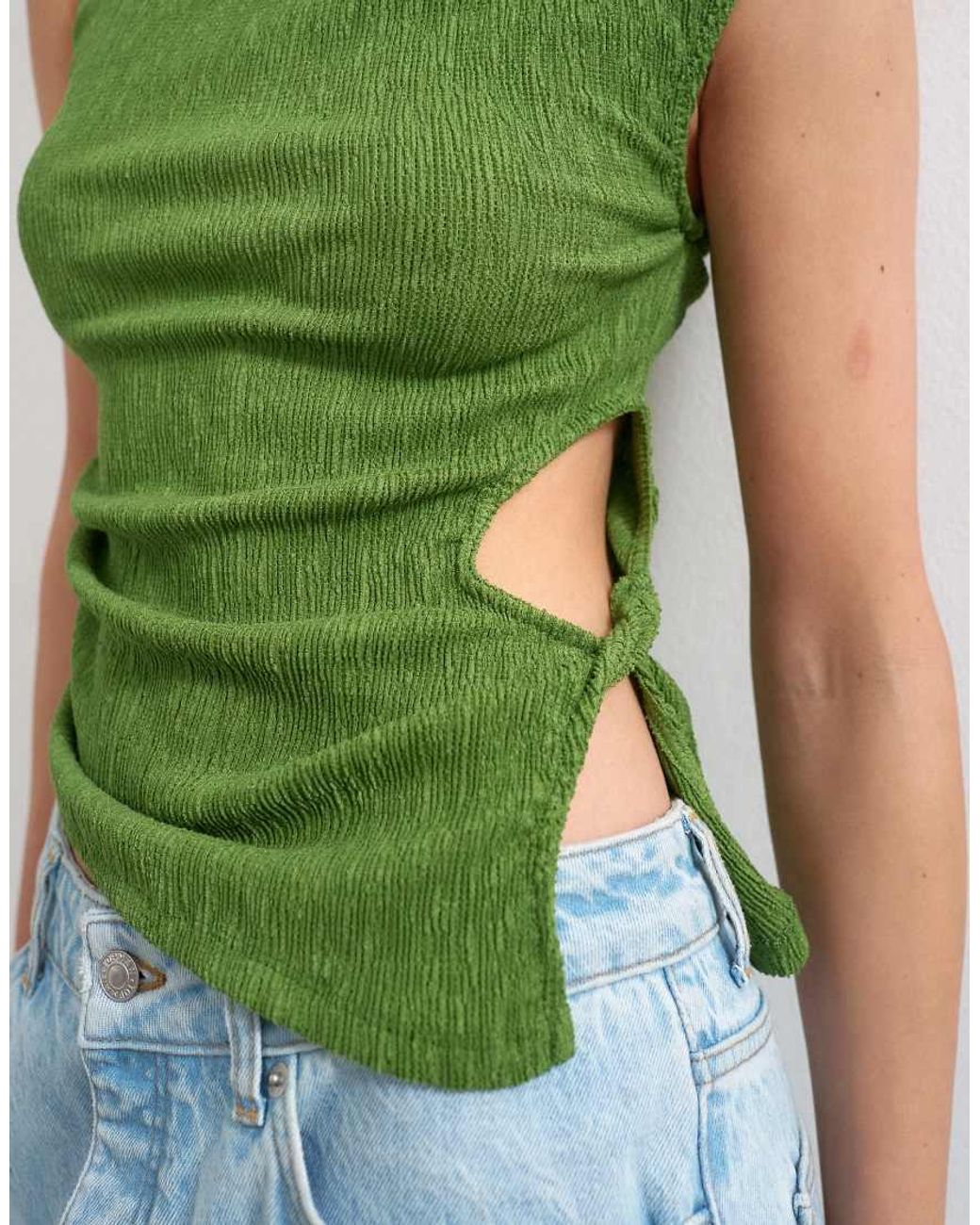 TOPSHOP Green Crinkle Ruched Side Cut Out Sleeveless Top