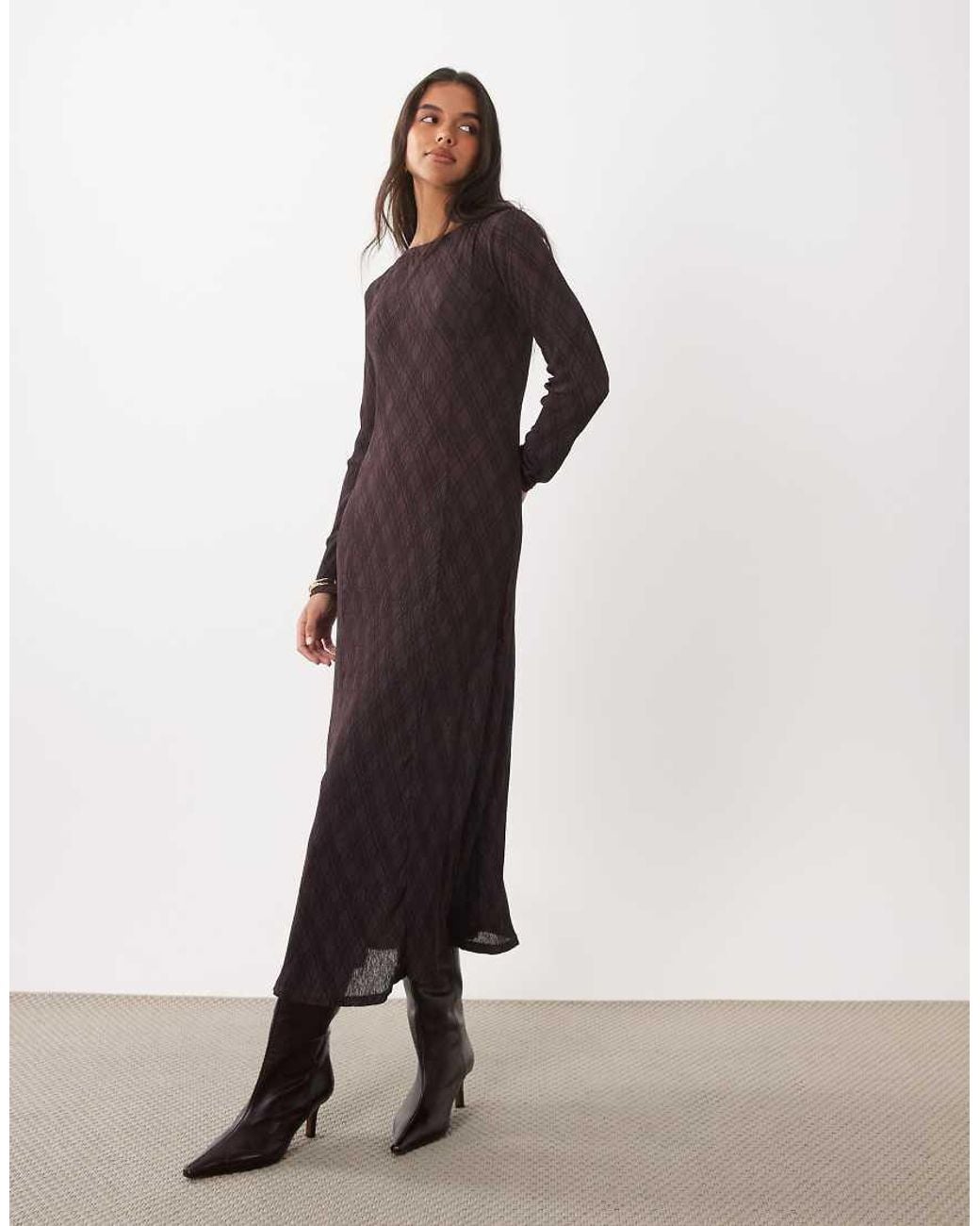 Mango Brown Plisse Long Sleeve Midi Dress