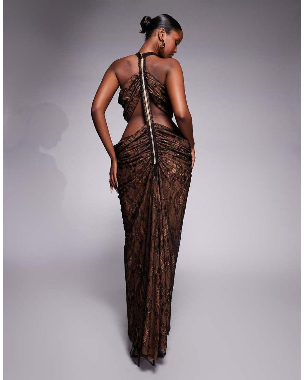 The Dolls House Purple Karlie Draped Lace Cut-out Maxi Dress With Corsage Detail