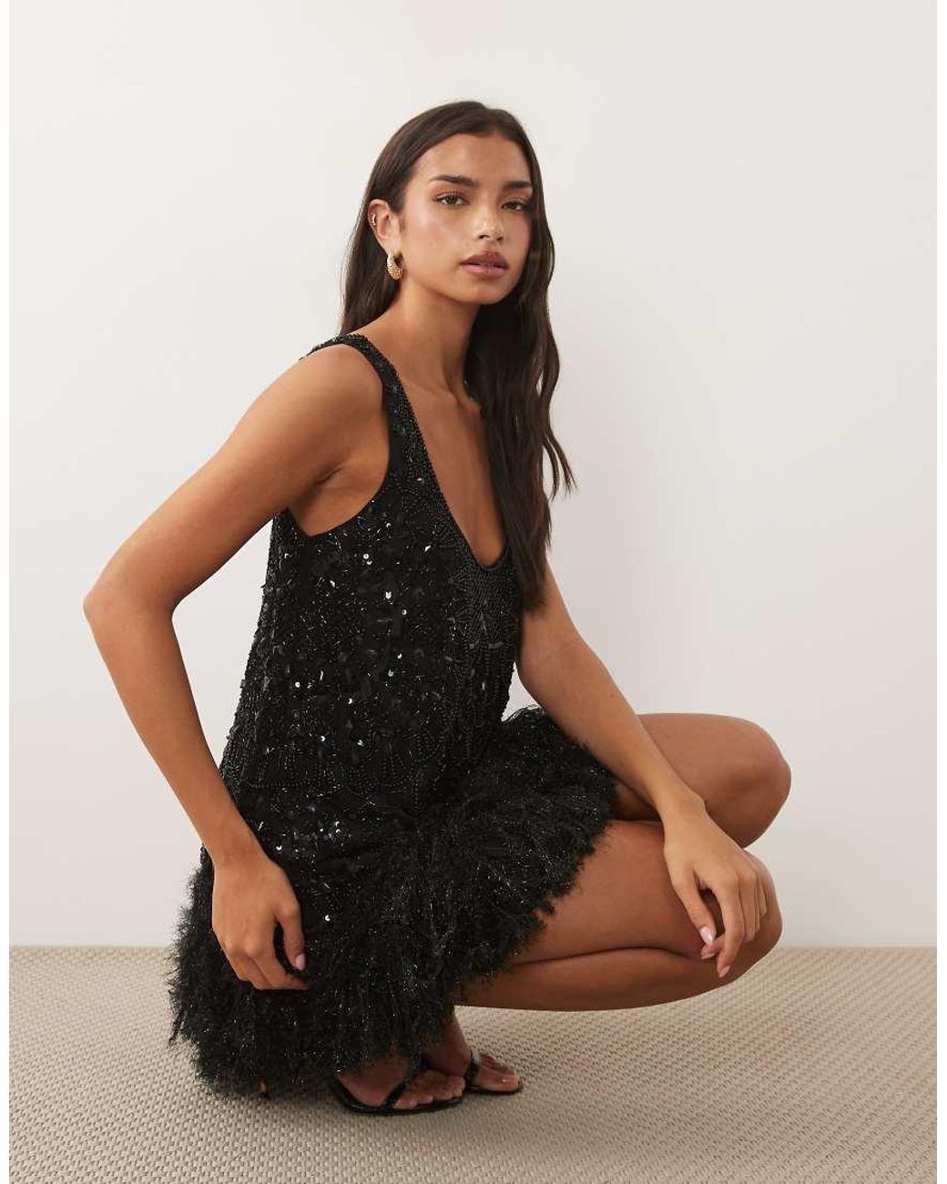 ASOS Black Embellished Scoop Neck Mini Dress With Faux Feather Hem